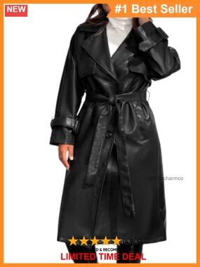 Plus Size Faux Leather Moto Trench Coat Long Belted Jacket